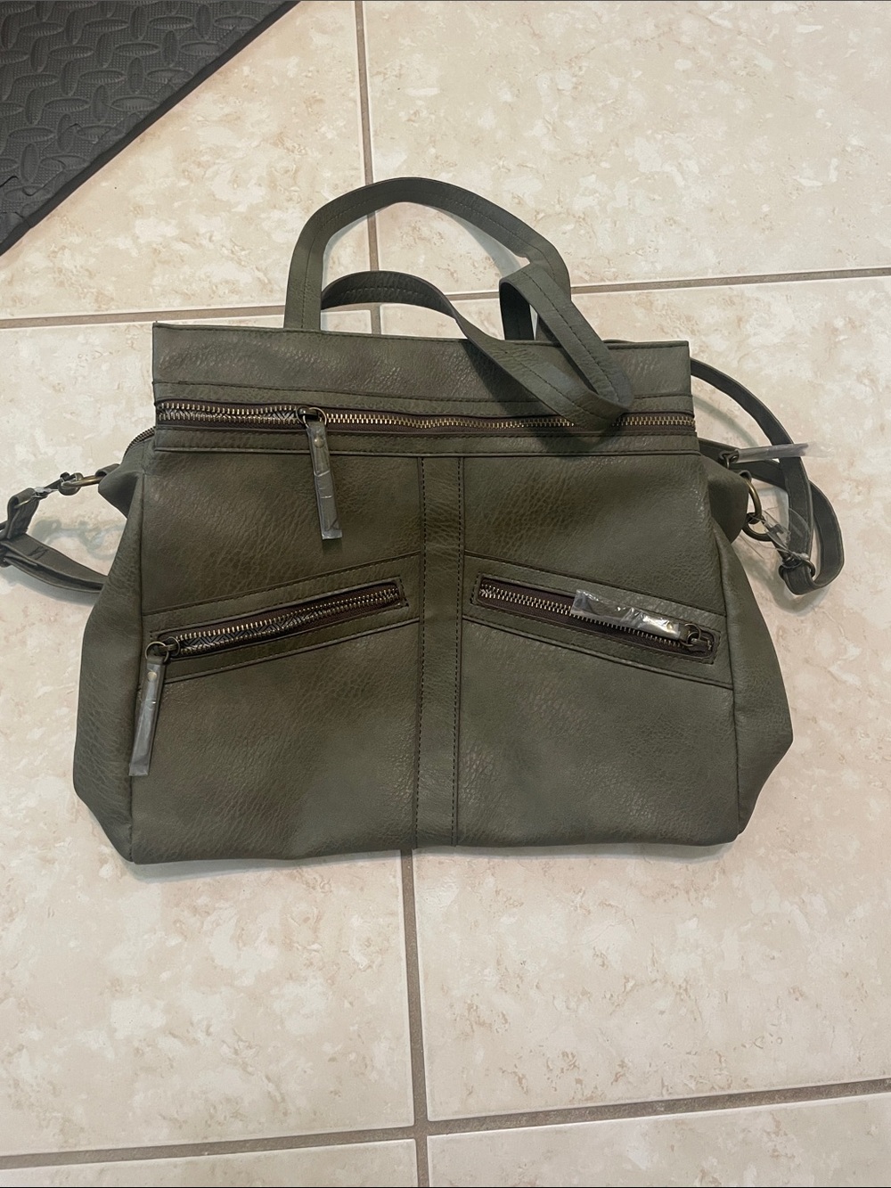 Time and Tru Olive Green Faux Leather Messenger Bag with Dual Zip Pockets